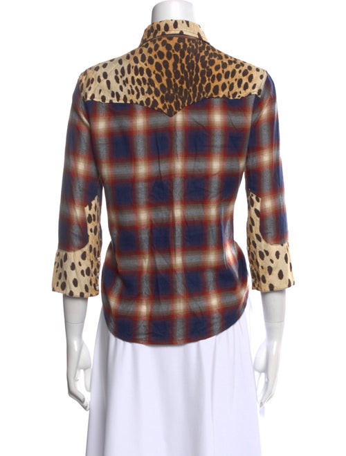 R13 Plaid Print Three-Quarter Sleeve Button-Up Top