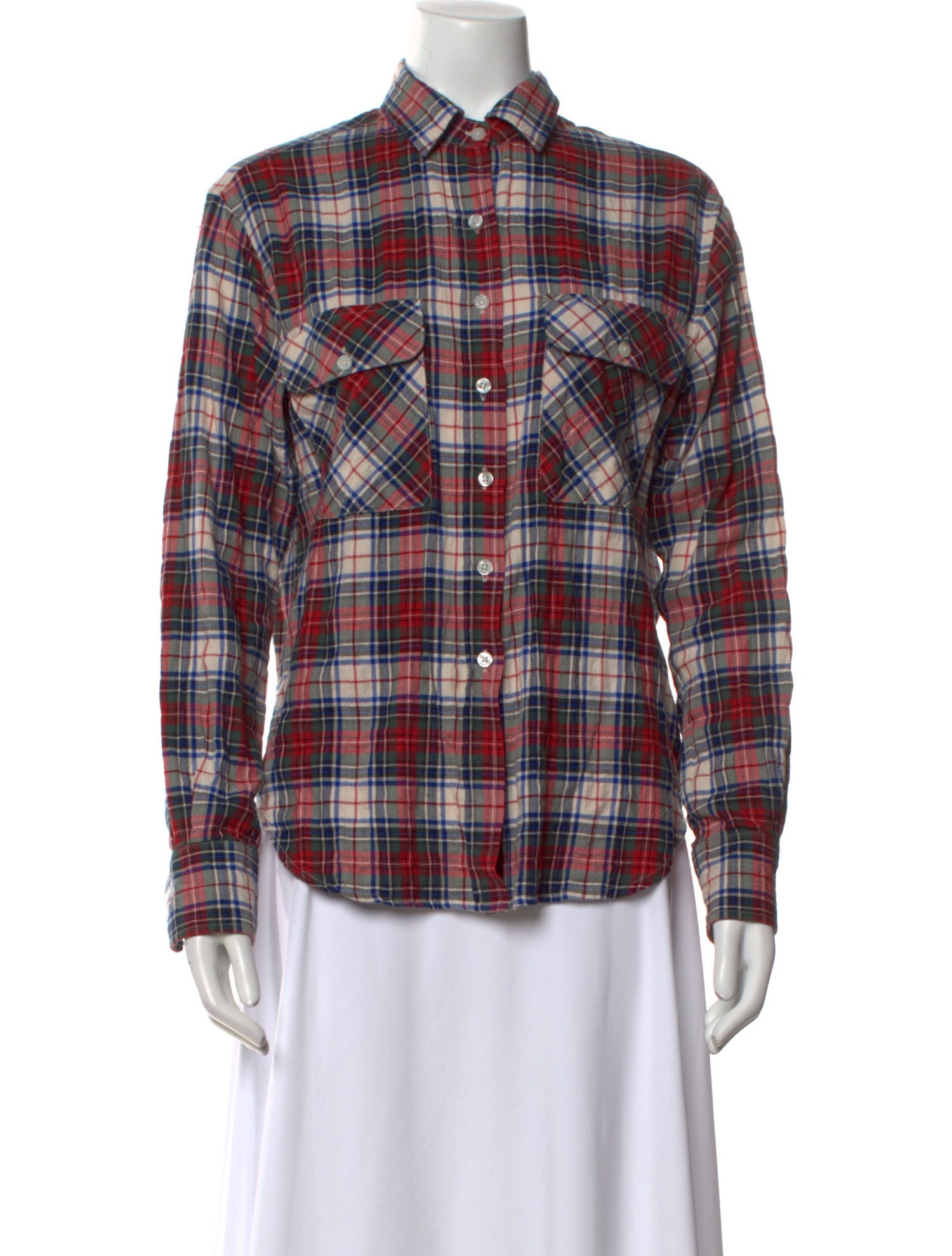 R13 Plaid Print Long Sleeve Button-Up Top