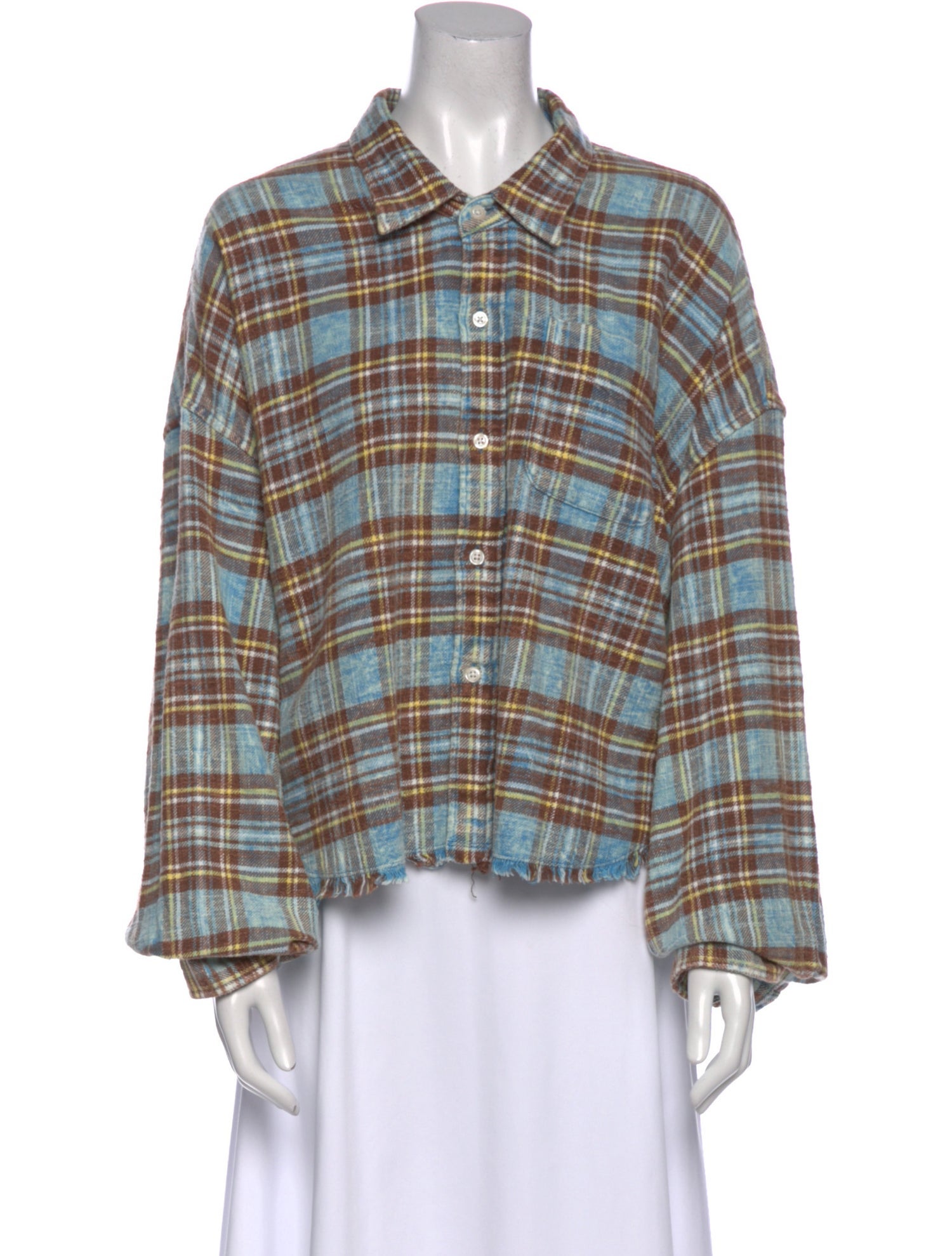 R13 Plaid Print Long Sleeve Button-Up Top
