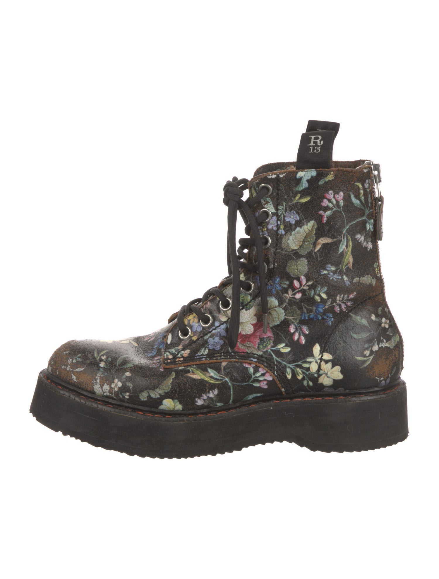 R13 Leather Floral Print Combat Boots