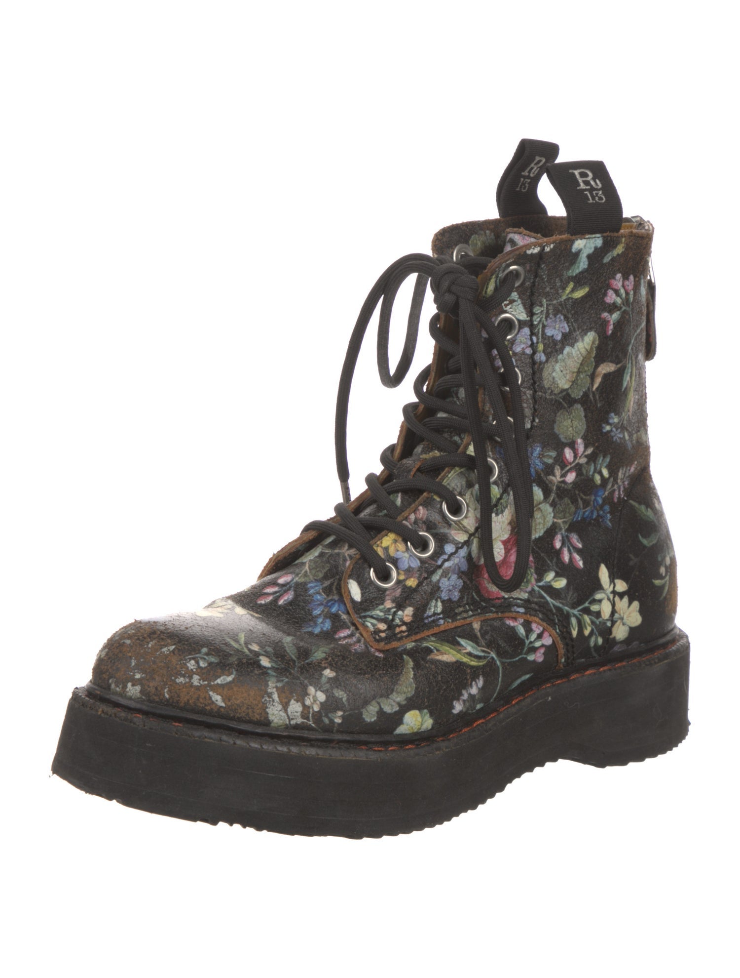 R13 Leather Floral Print Combat Boots