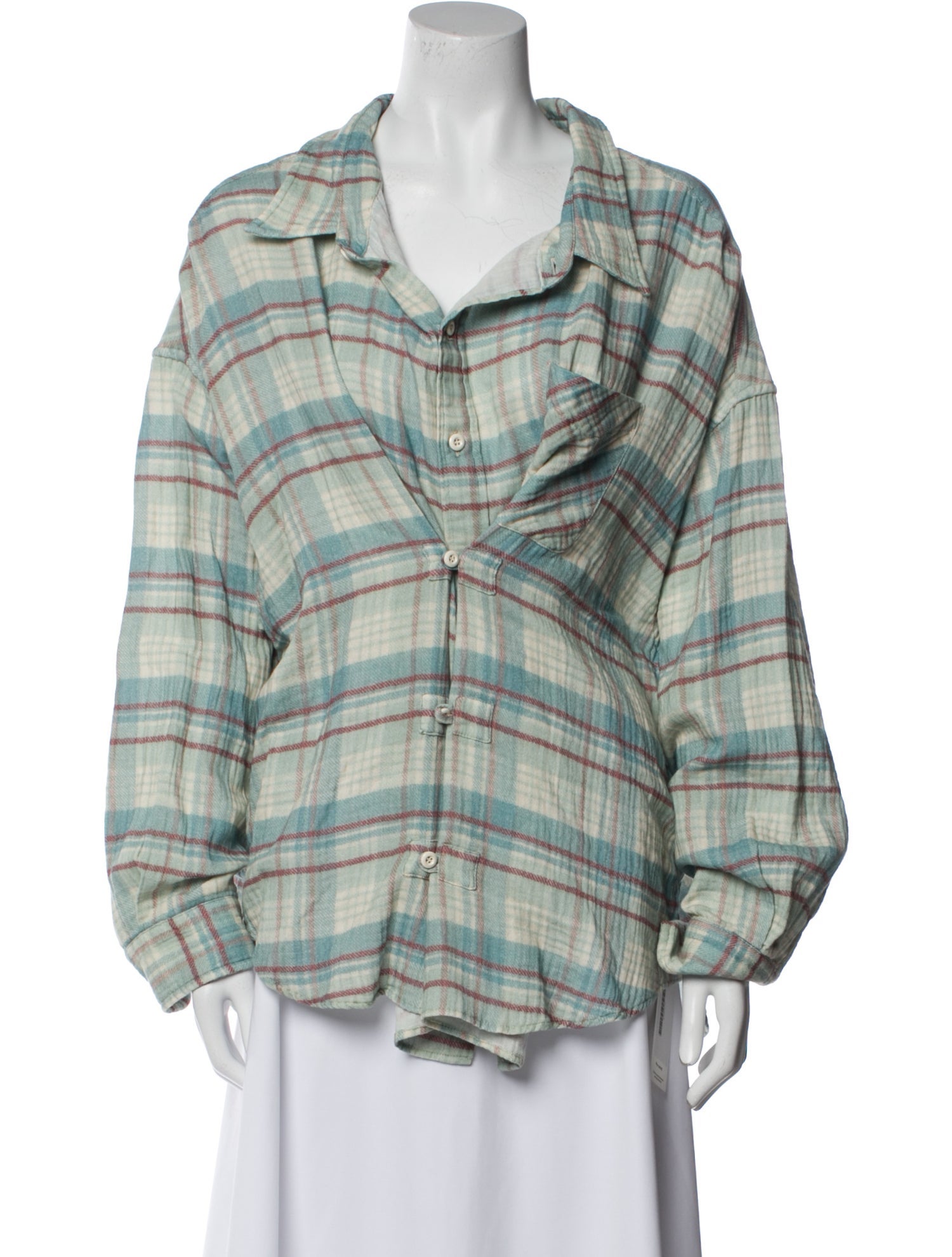 R13 Plaid Print Cowl Neck Button-Up Top