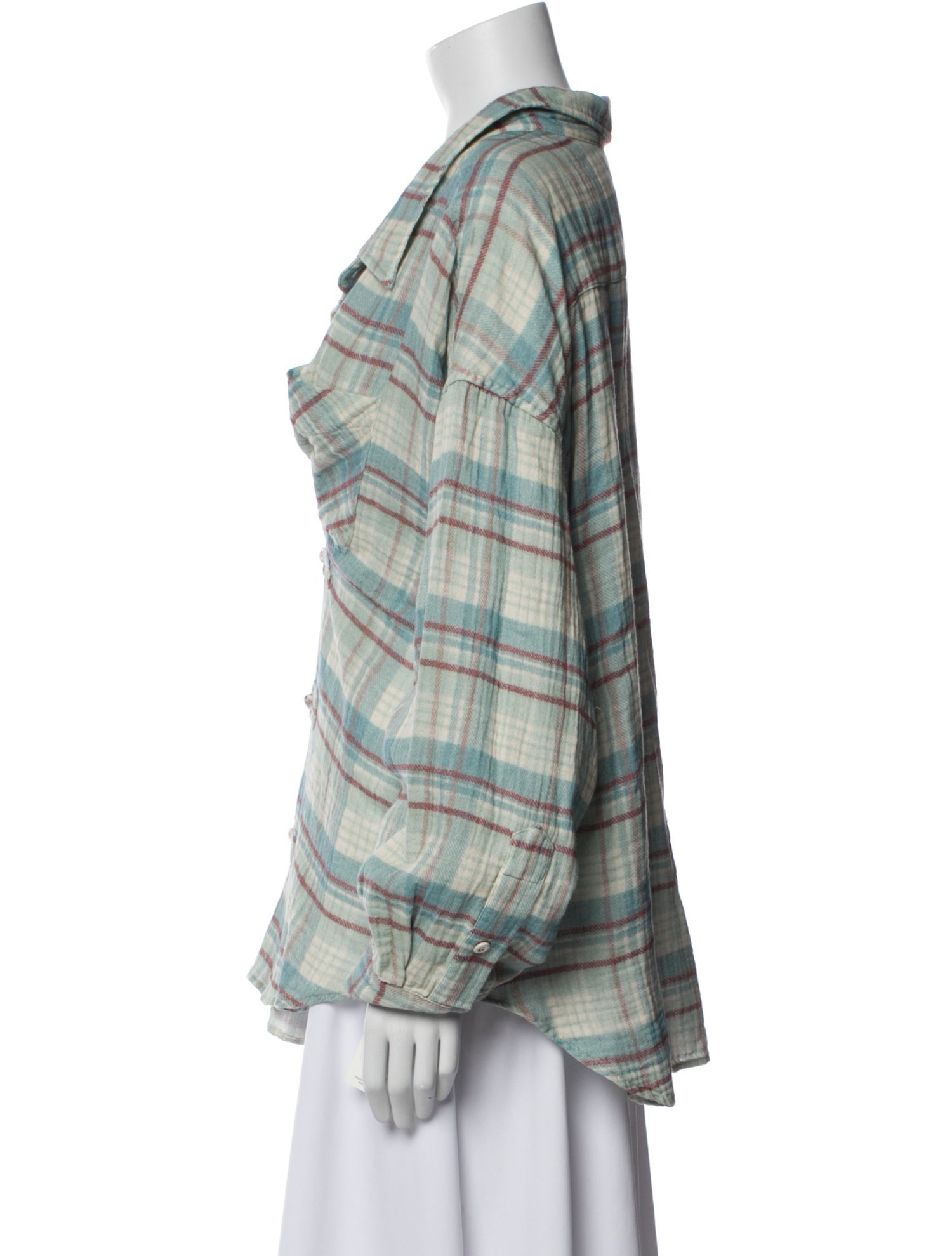 R13 Plaid Print Cowl Neck Button-Up Top