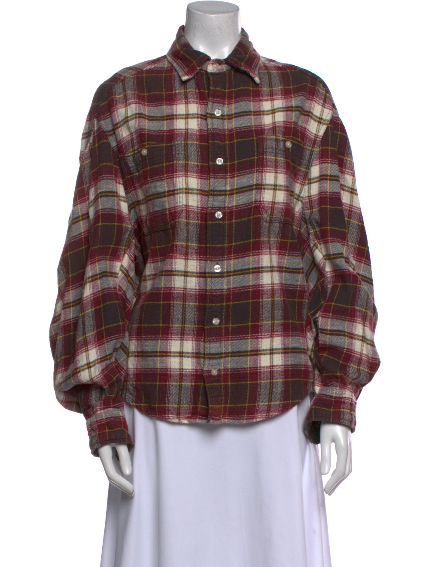 R13 Plaid Print Long Sleeve Button-Up Top