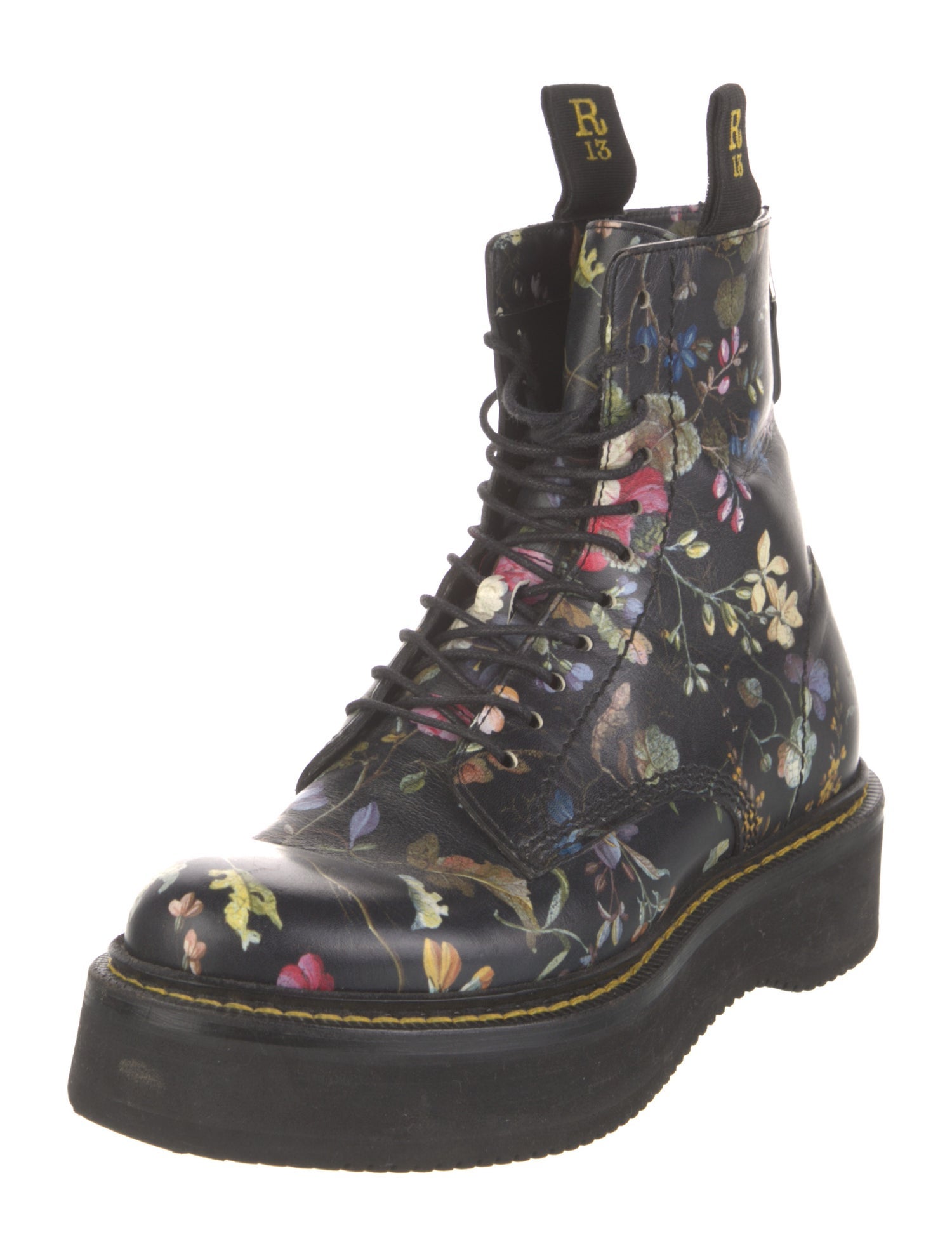 R13 Leather Floral Print Combat Boots