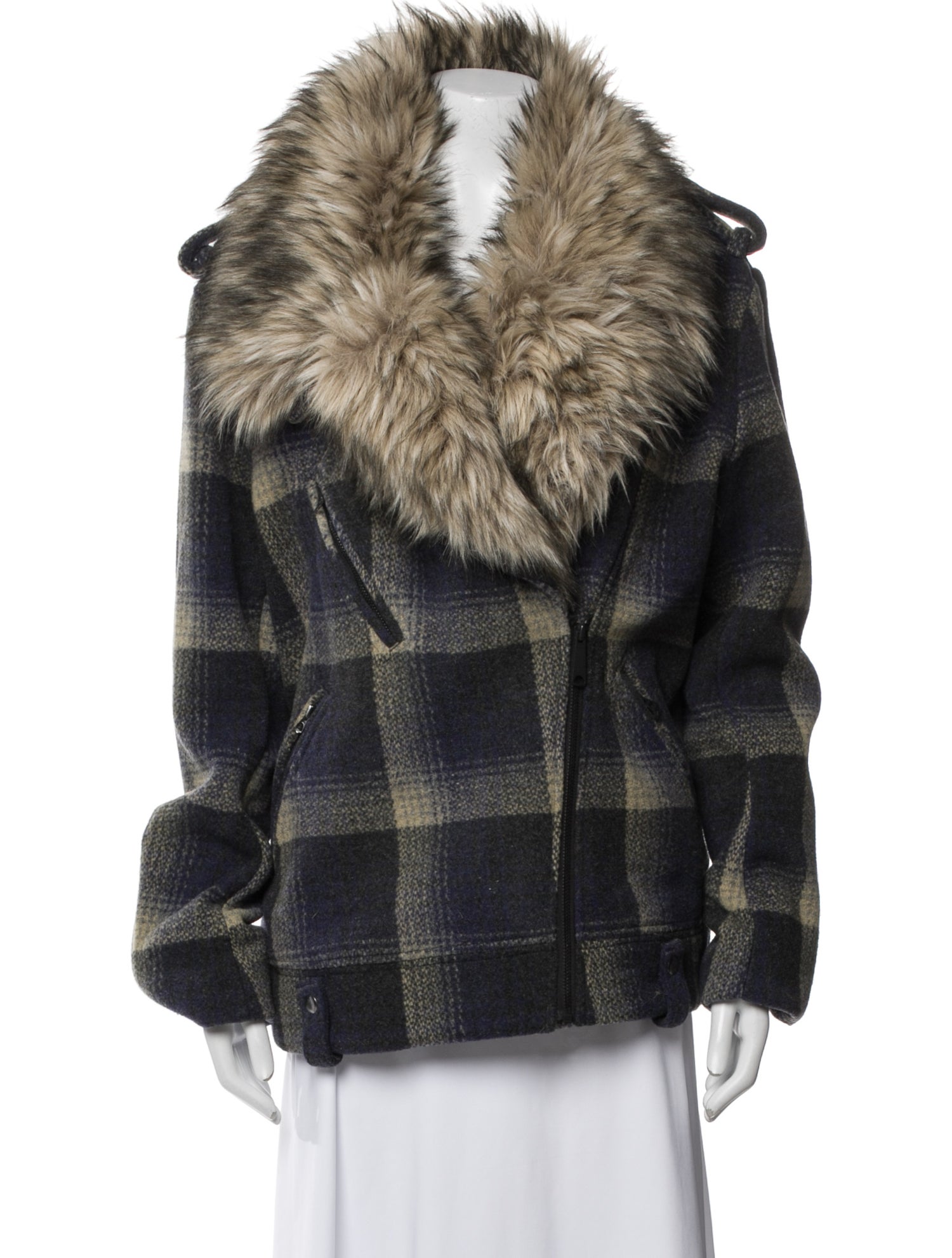 Ralph Lauren Denim & Supply Wool Plaid Print Faux Fur Coat