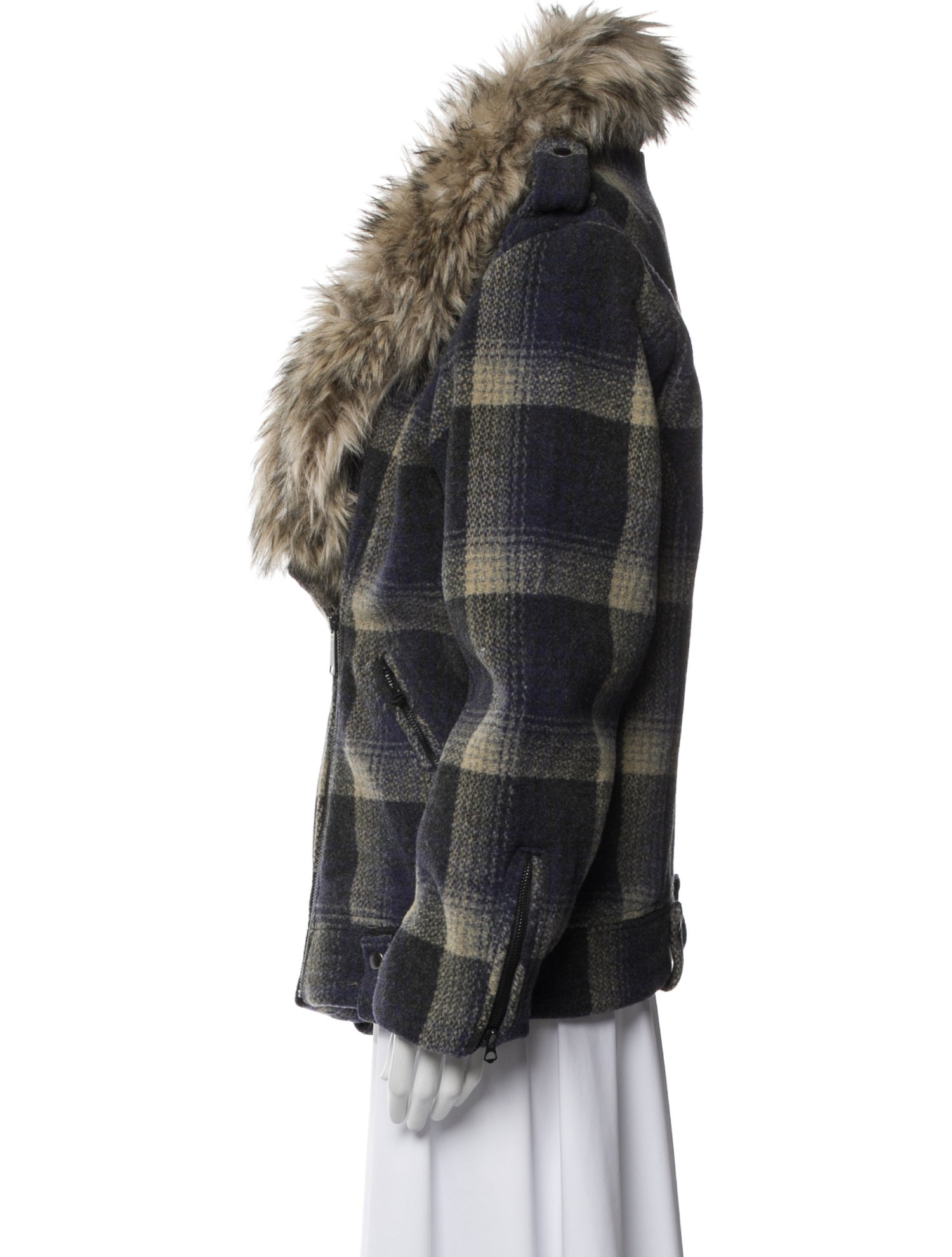 Ralph Lauren Denim & Supply Wool Plaid Print Faux Fur Coat