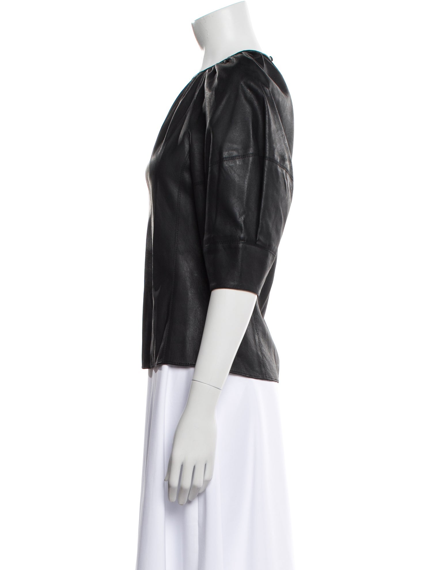 Rebecca Taylor Faux Leather Crew Neck Blouse