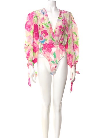 Pre-owned Rococo Sand Floral Print V-neck Bodysuit In Pink