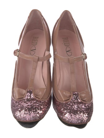 Red Valentino Patent Leather Glitter Accents T-Strap Pumps