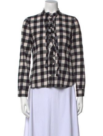 Red Valentino Plaid Print Mock Neck Button-Up Top