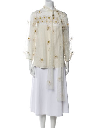 Red Valentino Lace Pattern Mock Neck Button-Up Top