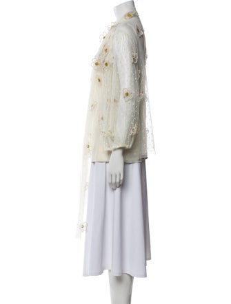 Red Valentino Lace Pattern Mock Neck Button-Up Top