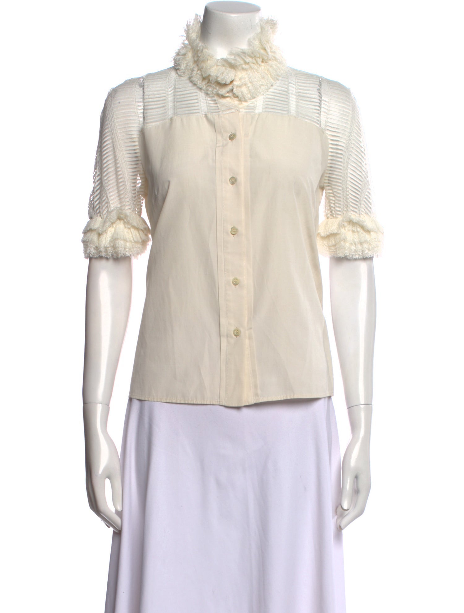 Red Valentino Turtleneck Short Sleeve Button-Up Top