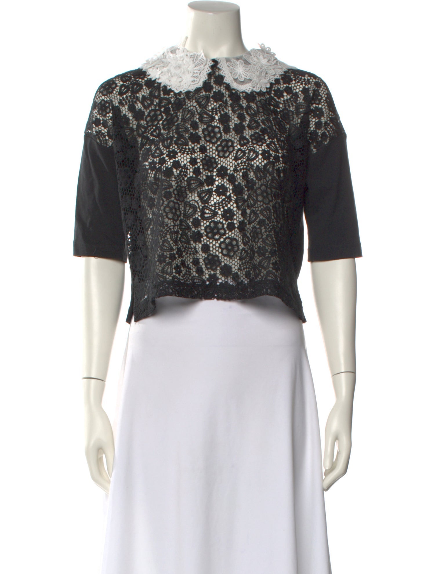 Red Valentino Lace Pattern Short Sleeve Crop Top