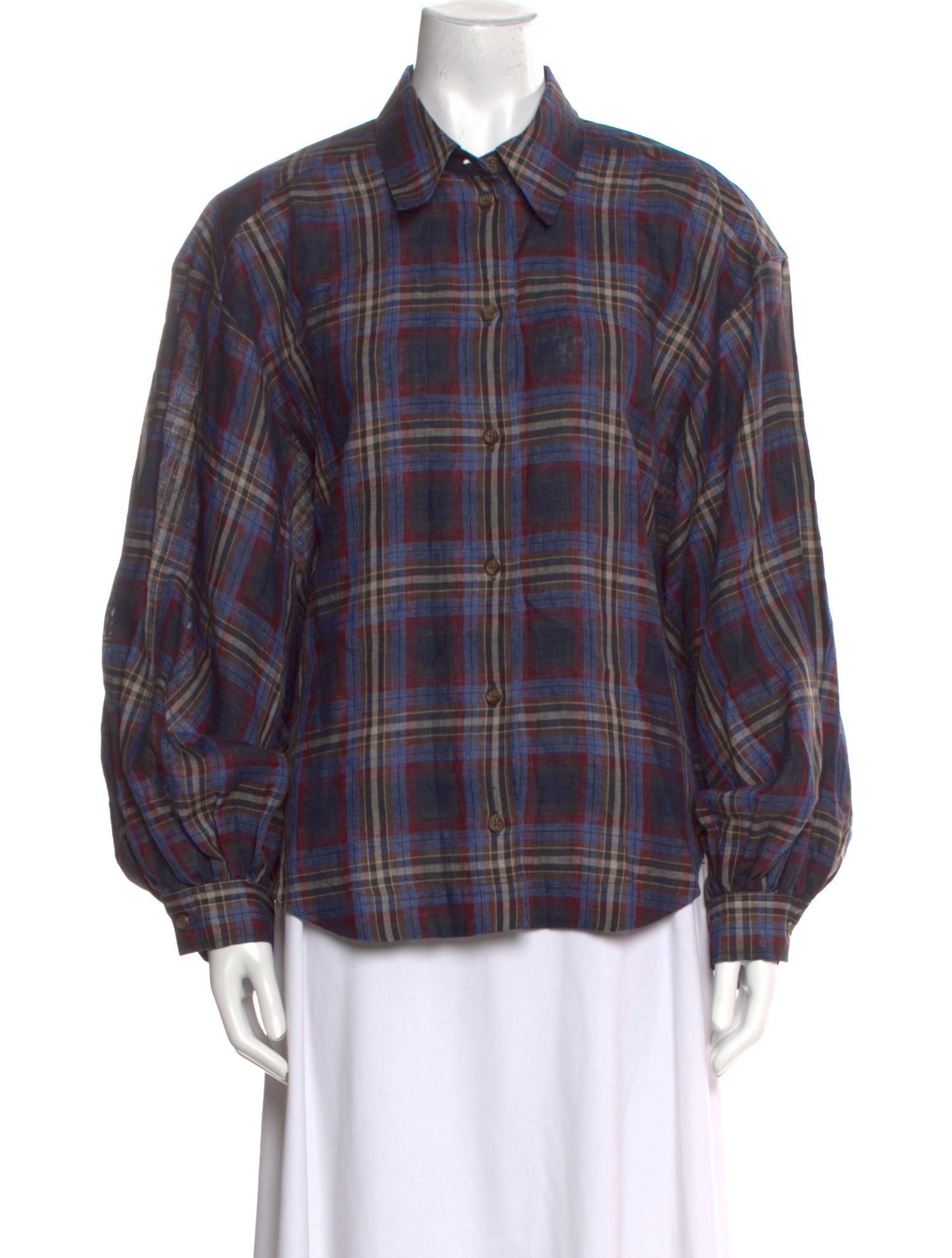 Róhe Linen Plaid Print Button-Up Top