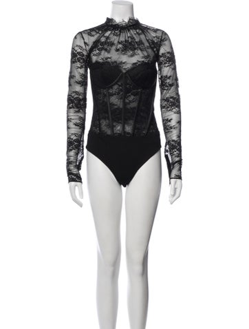Pre-owned Retroféte Lace Pattern Mock Neck Bodysuit In Black