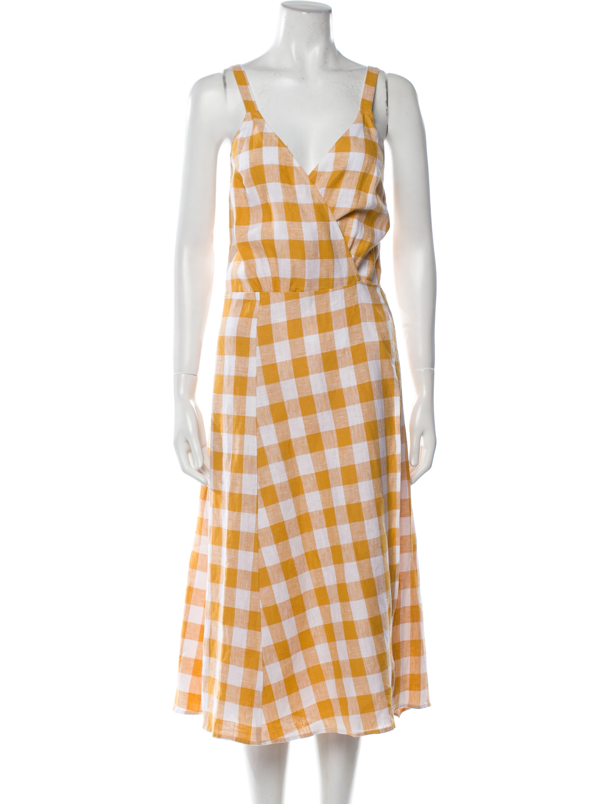 Reformation Checkered Linen Wrap Dress - Yellow Dresses
