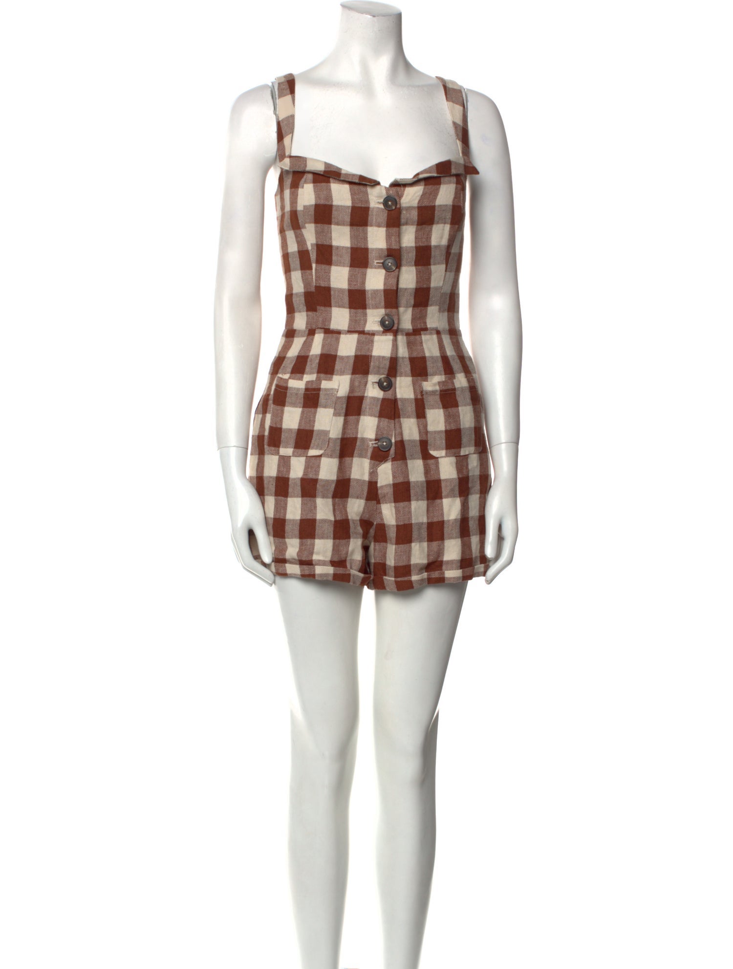 Reformation Plaid Print Square Neckline Romper