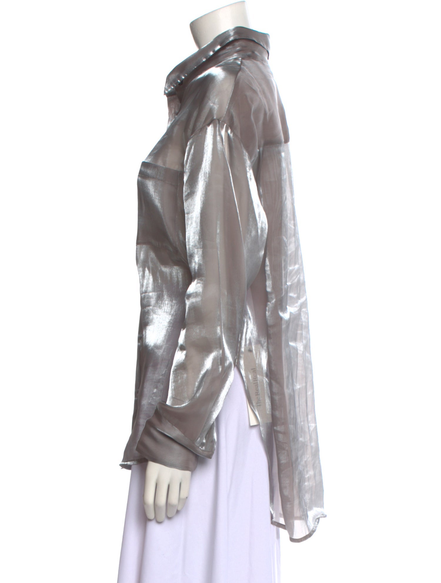 Reformation Button-Up Top Metallic & Silver Long Sleeve with