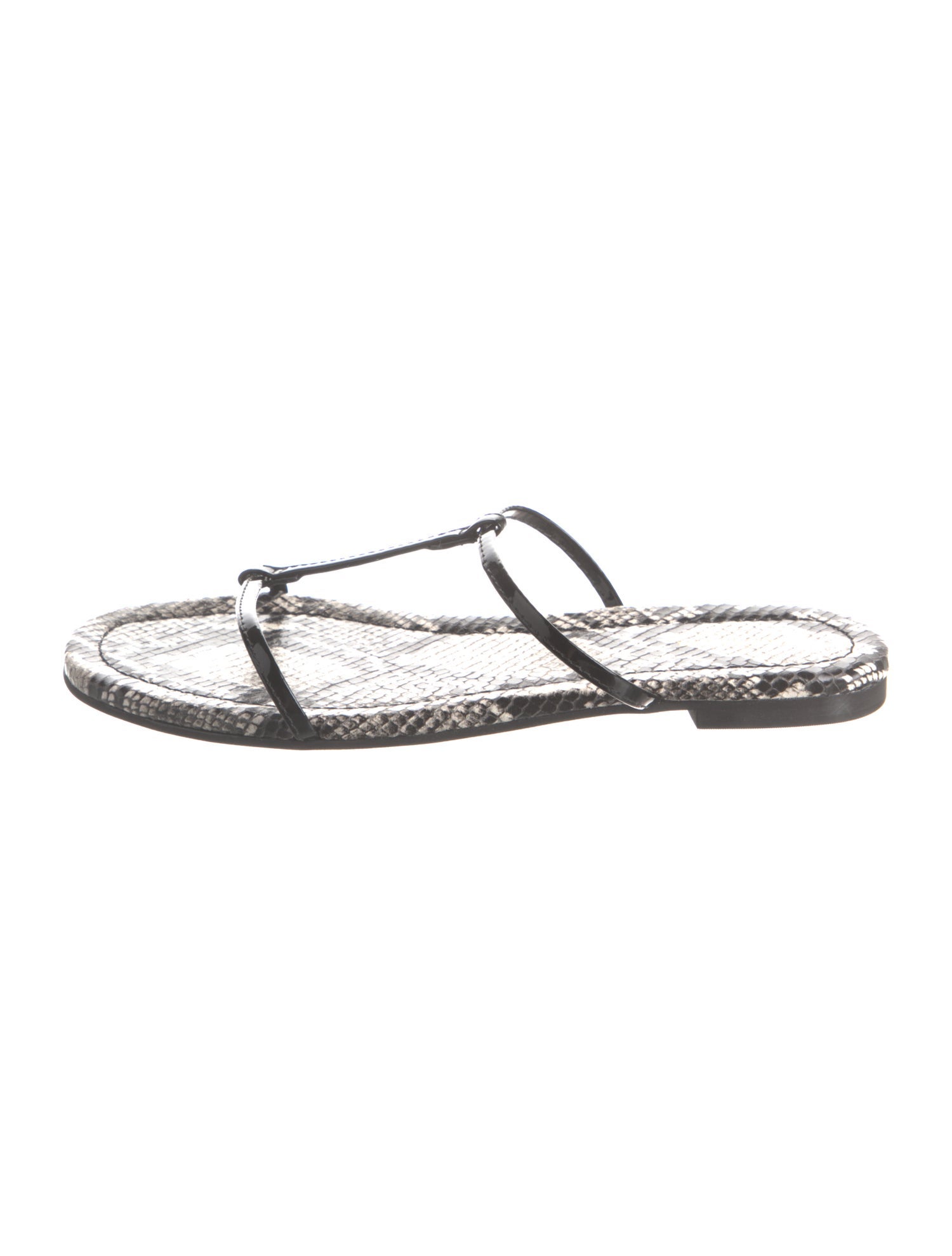 Reformation Patent Leather Animal Print T-Strap Sandals