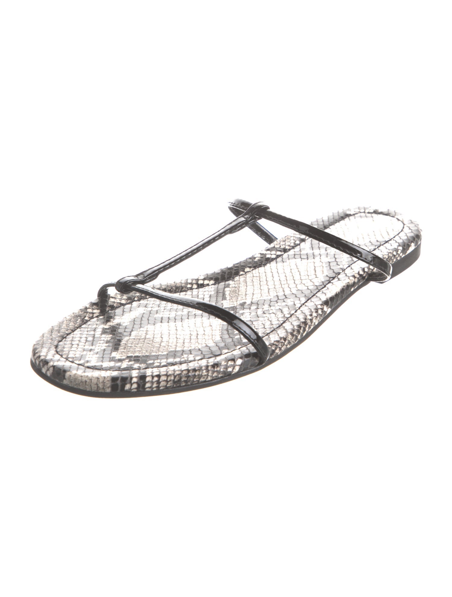 Reformation Patent Leather Animal Print T-Strap Sandals