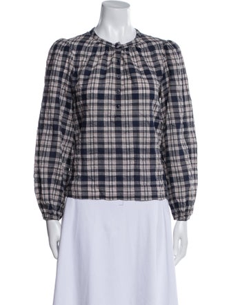 Reformation Plaid Print Crew Neck Button-Up Top