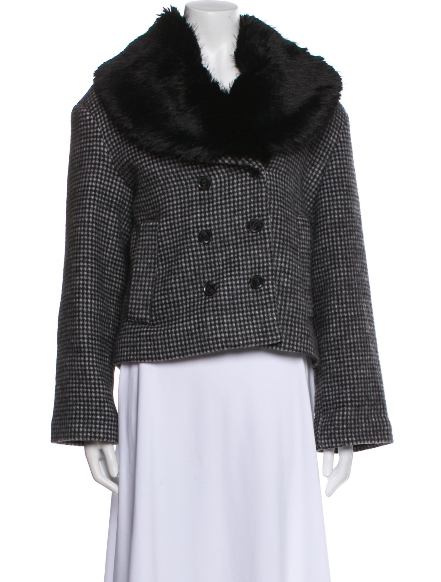 Reformation Wool Plaid Print Faux Fur Jacket