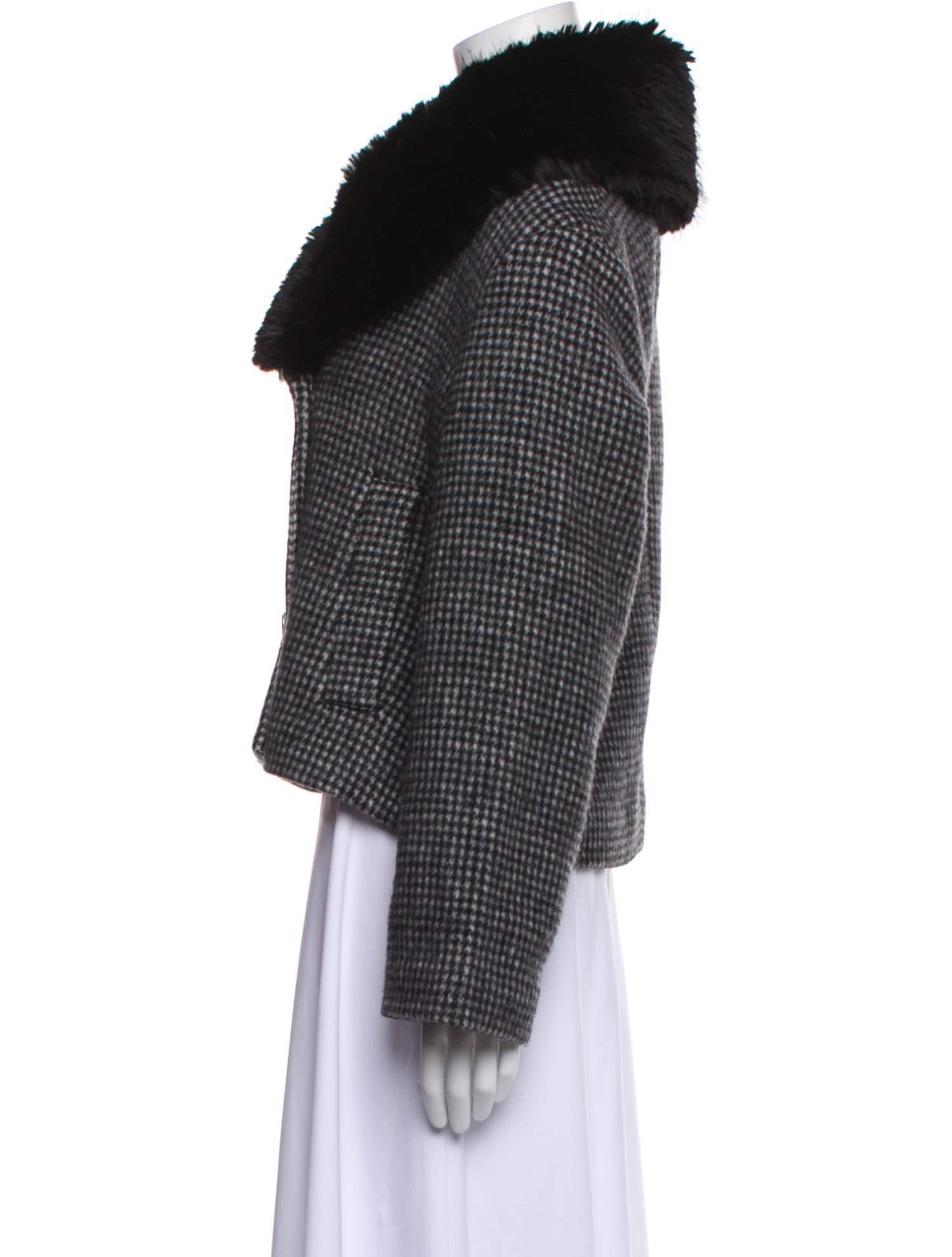 Reformation Wool Plaid Print Faux Fur Jacket