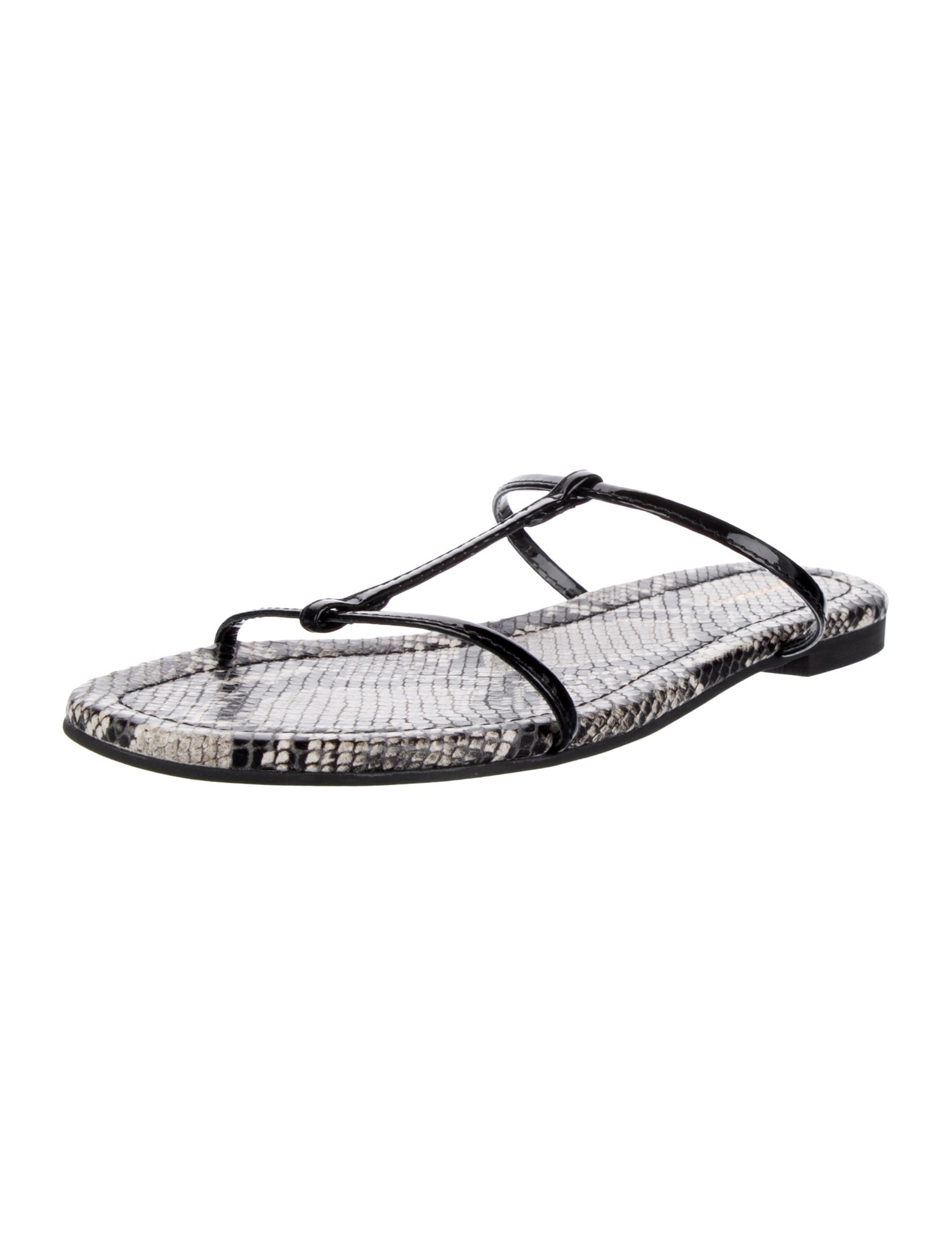 Reformation Patent Leather Animal Print T-Strap Sandals