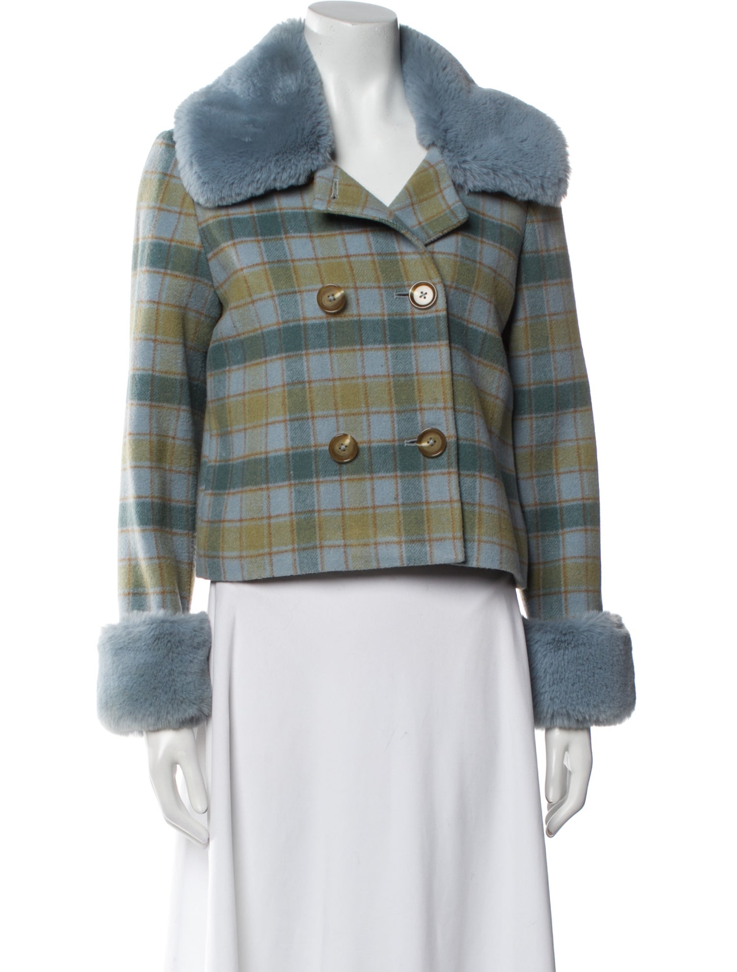 Reformation Wool Plaid Print Faux Fur Jacket