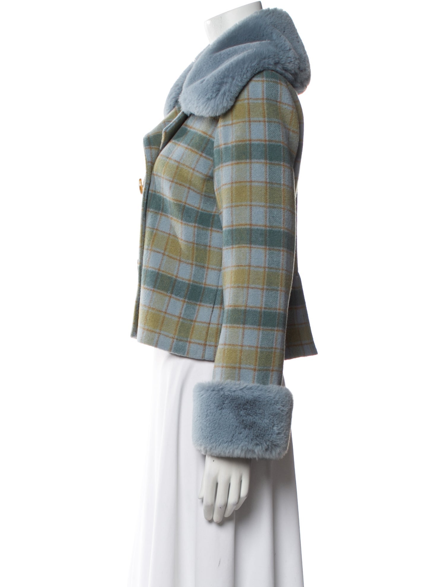 Reformation Wool Plaid Print Faux Fur Jacket