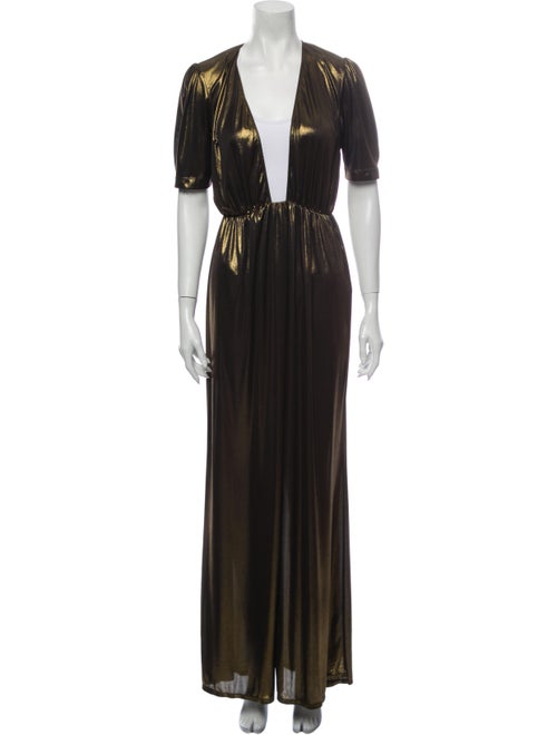 Reformation Plunge Neckline Long Dress Gold