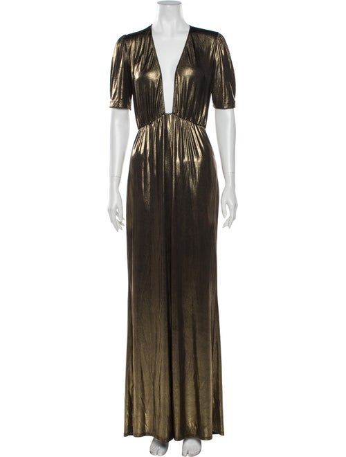 Reformation Plunge Neckline Long Dress Gold