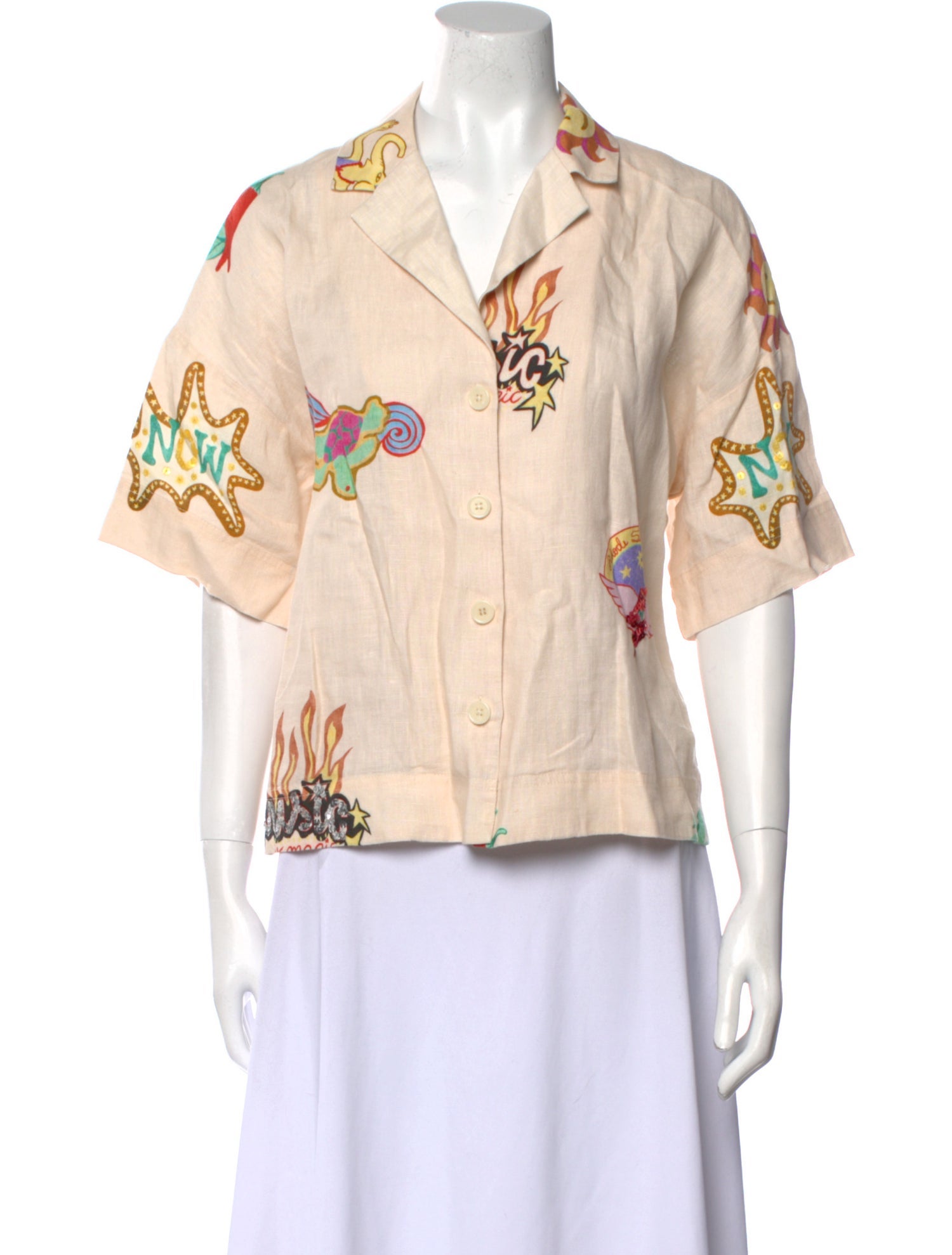 RHODE Linen Floral Print Button-Up Top