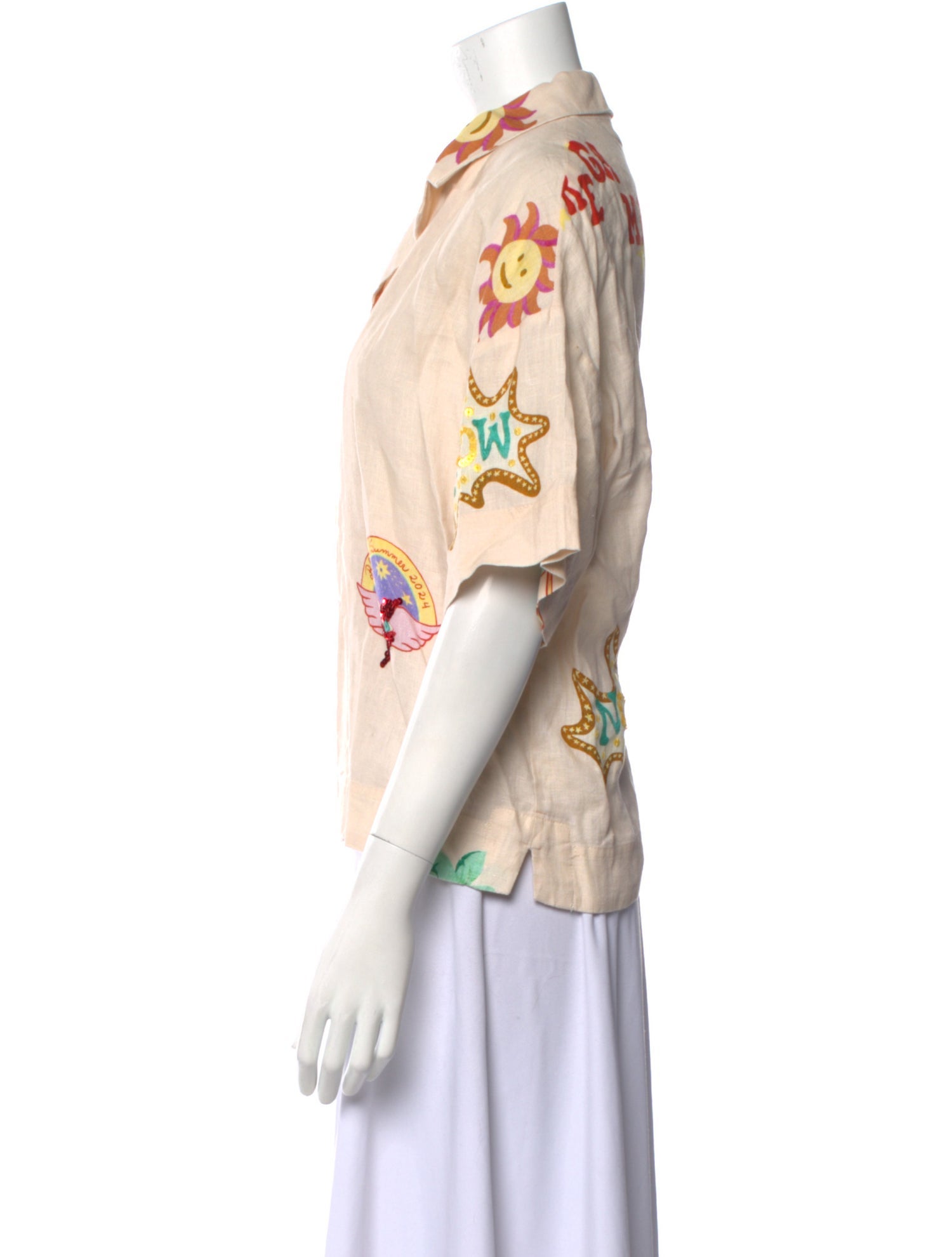 RHODE Linen Floral Print Button-Up Top