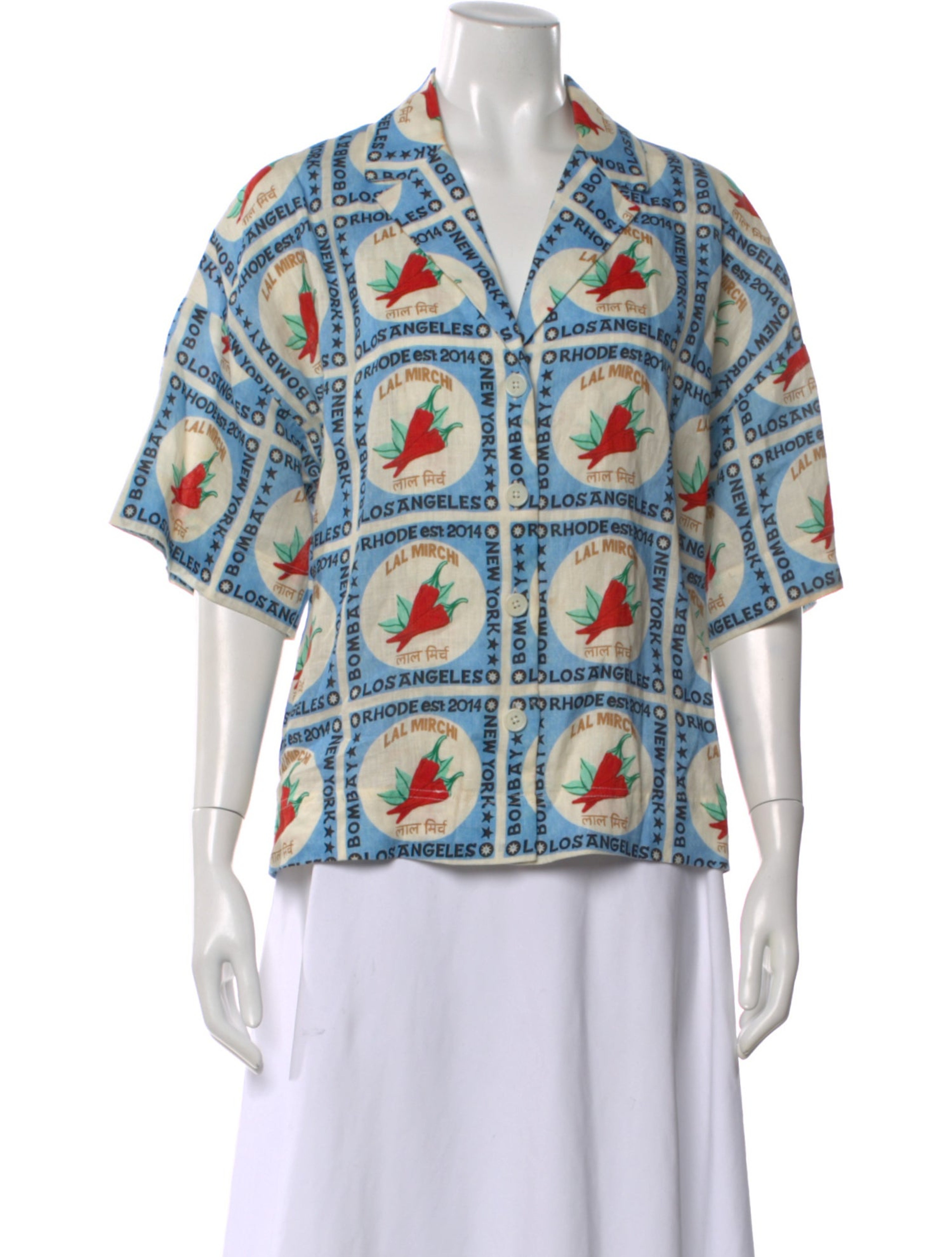 Linen Graphic Print Button-Up Top