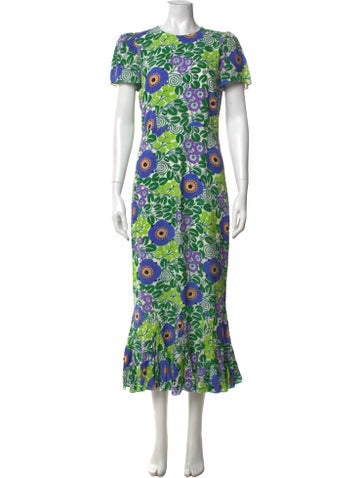 Pre-owned Rhode Floral Print Midi Length Dress In Green