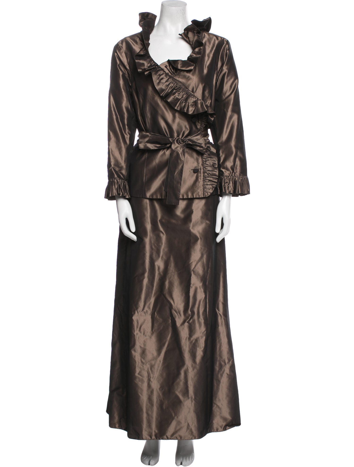 Teri Jon by Rickie Freeman Silk Ruffle Embellishment Skirt Set