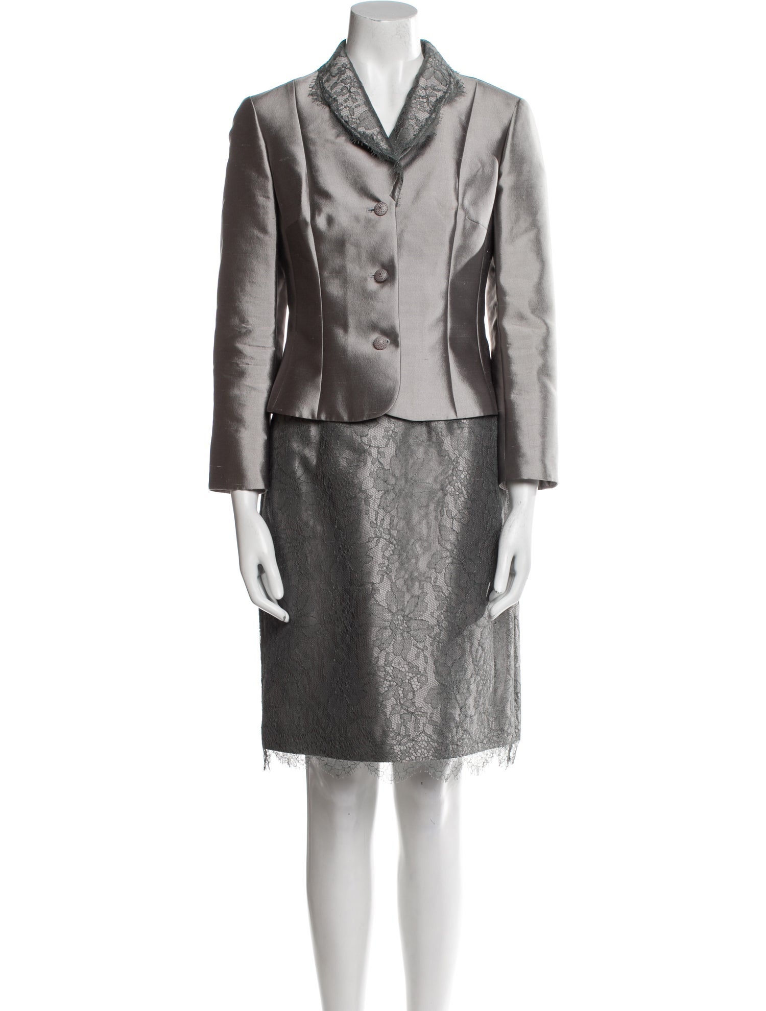 Teri Jon by Rickie Freeman Silk Mesh Accents Skirt Suit