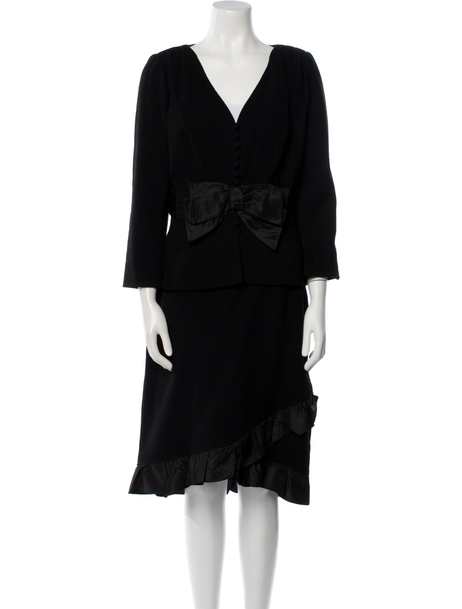 Teri Jon by Rickie Freeman Wool Bow Accents Skirt Suit