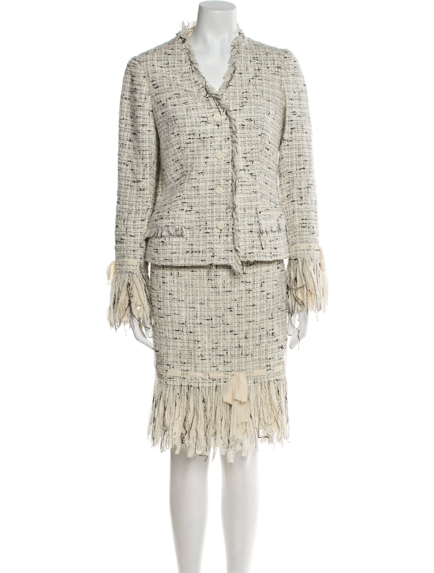Teri Jon by Rickie Freeman Tweed Pattern Raw-Edge Trim Skirt Suit