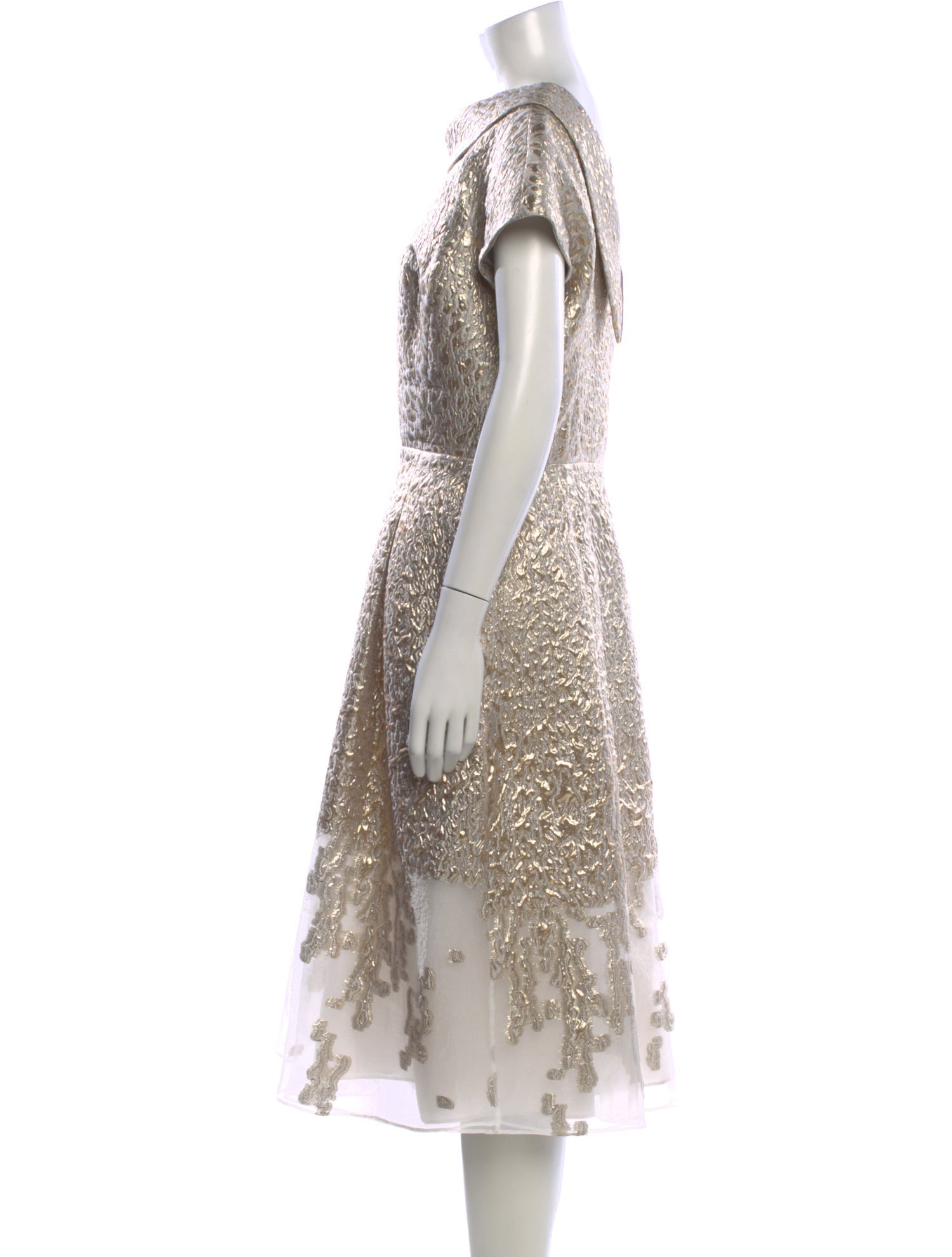 teri jon gold dress Metallic Jacquard Portrait Collar Side Drape Gown Terijon.com