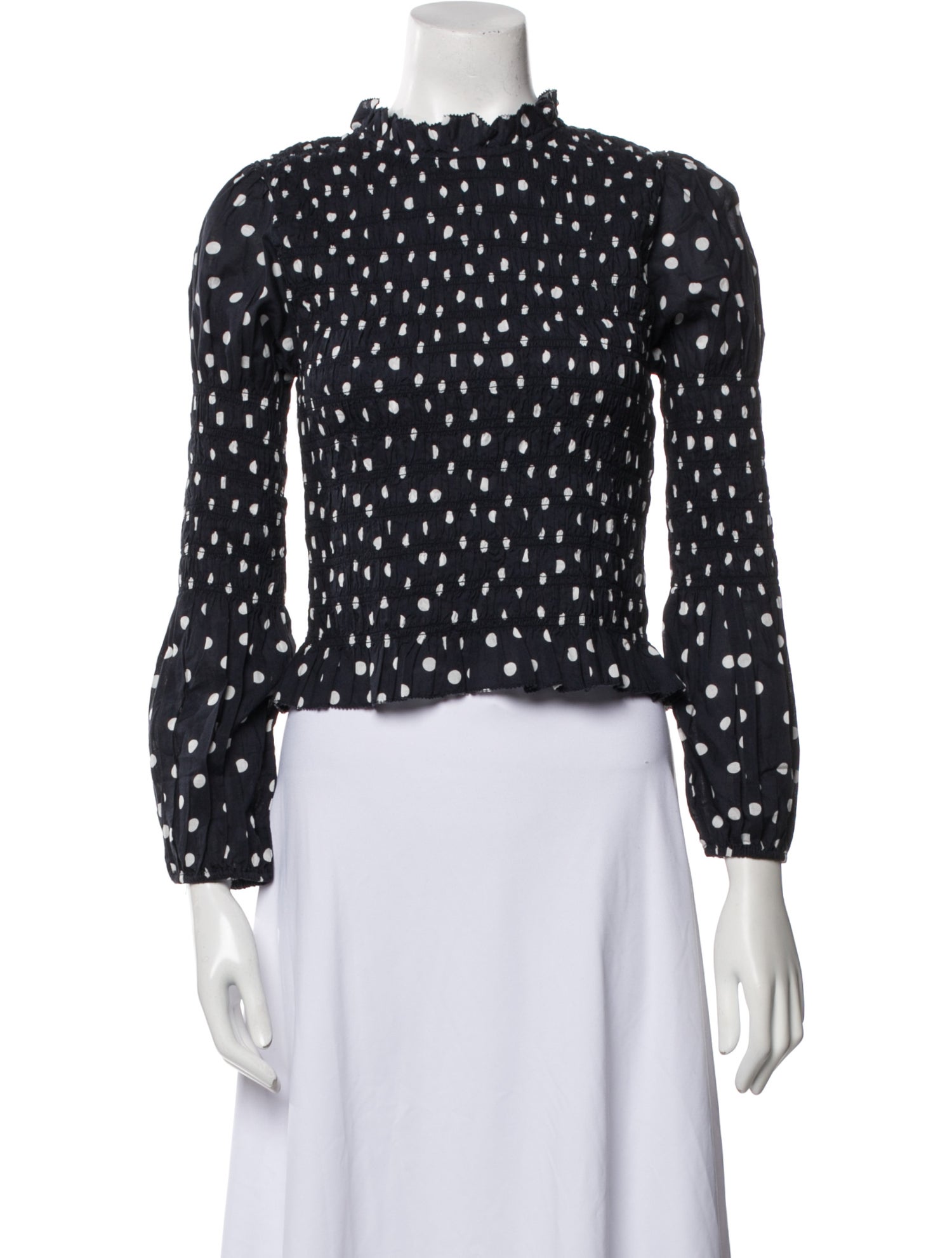 RIXO Polka Dot Print Mock Neck Crop Top