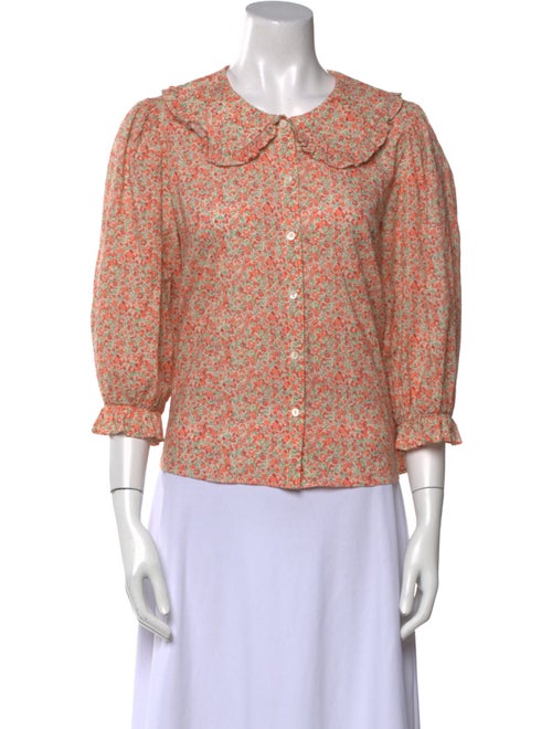 RIXO Floral Print Crew Neck Button-Up Top