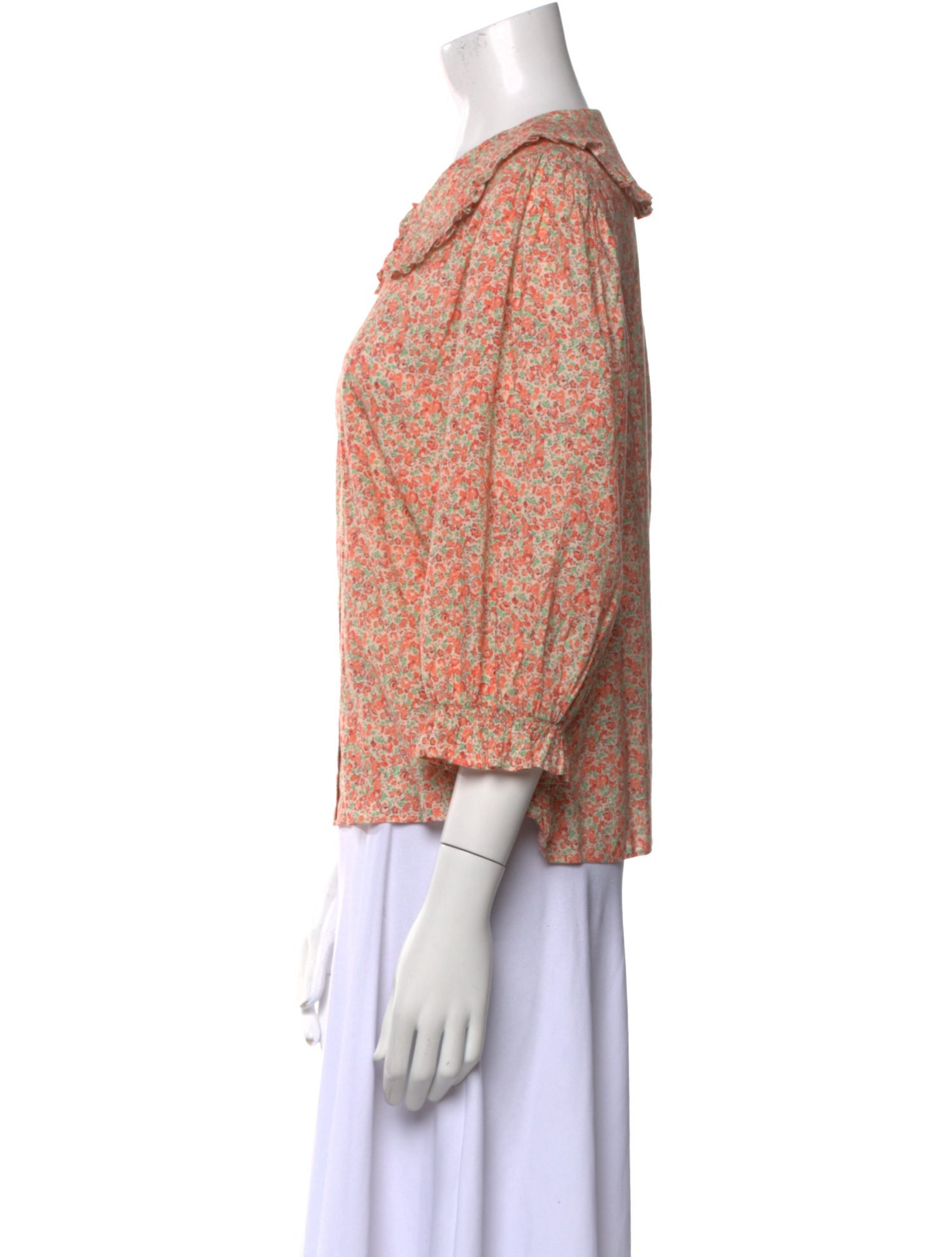 RIXO Floral Print Crew Neck Button-Up Top