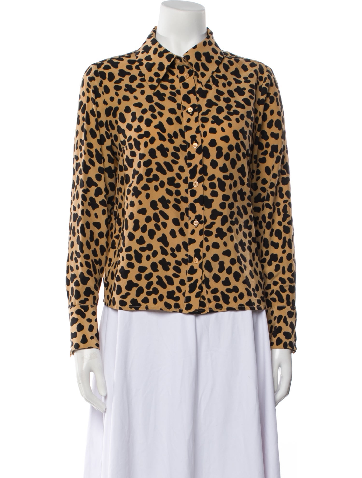 RIXO Silk Animal Print Button-Up Top