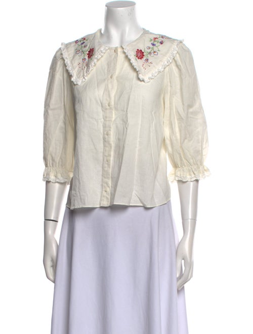 RIXO Linen Three-Quarter Sleeve Button-Up Top