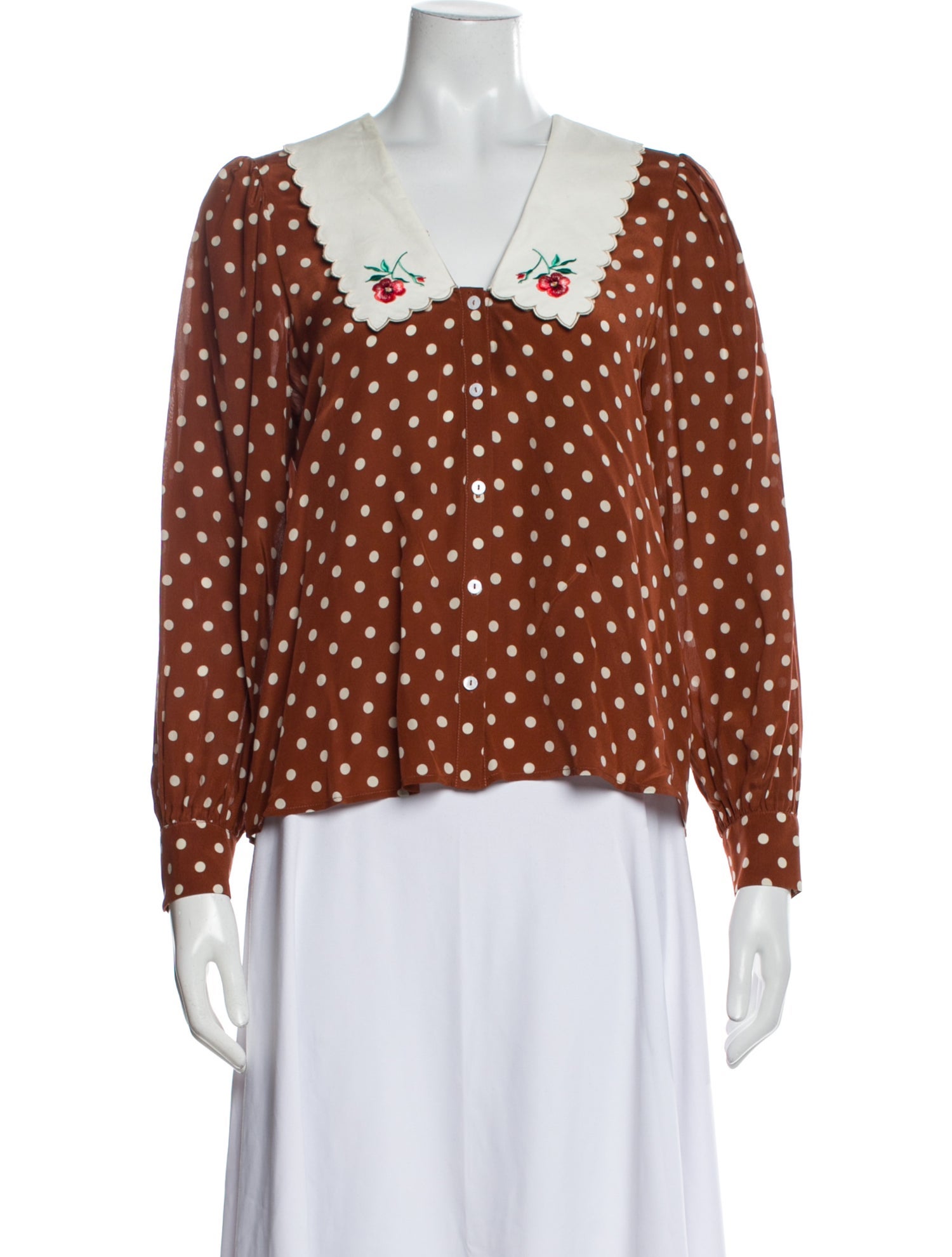 RIXO Silk Polka Dot Print Blouse