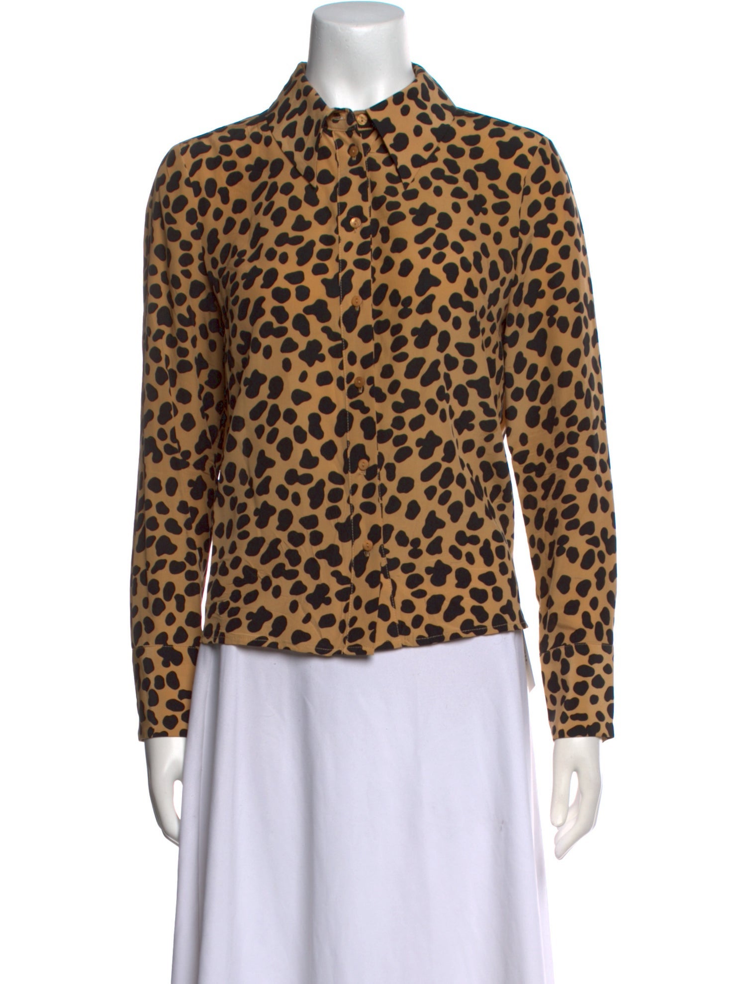RIXO Silk Animal Print Button-Up Top